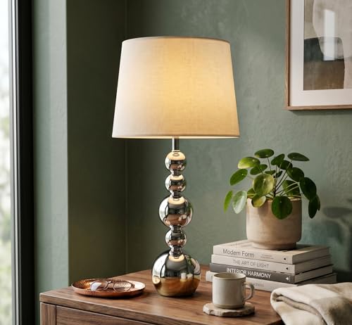 Image of Silver Metal Ball Table Lamp with Neutral Linen Shade - 5-Tier Spherical Base Design - Premium Brass Finish Accent Light for Modern Home Interiors & Bedside Tables