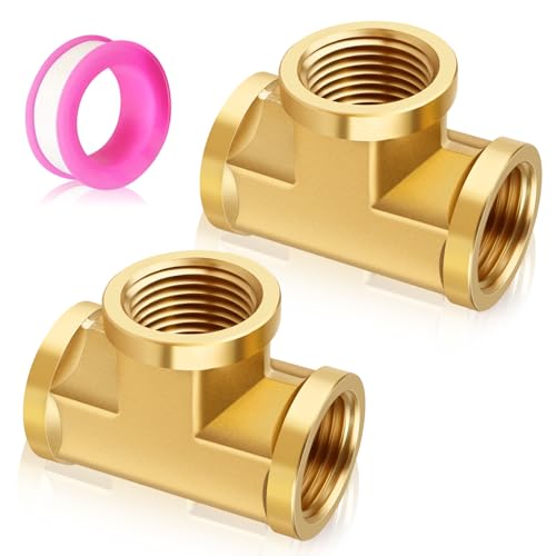 FANOVO 2pcs 1/4'' Forged Brass Tee Fittings, 1/4'' x 1/4'' x 1/4'' NPT Feamle 3Way Metal Pipe Connector, ''T'' Sharpe Fitting Brass Adapter Coupling,
