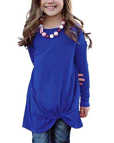 Blibea Girls Clothing Casual Long Sleeve Knot Front Tunic Tops Blouse Little Girls Loose Fashion Tee Shirts Size 10-11 Blue2