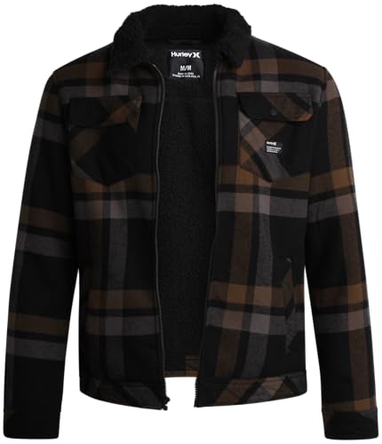 Hurley Men's Flannel Trucker Jacket - Sherpa Lined Fleece Plaid Collared Shirt Jacket - Classic Flannel Shirts for Men (S-XL)