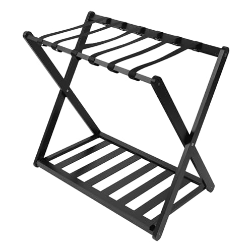 Foldable Luggage Rack for Guest Room, Set of 2 Bamboo Suitcase Stand with Shelf, X-shaped Luggage Holders for Hotel, Bedroom, Vacation Trips, Load 77.16-88.18 lbs (Black)