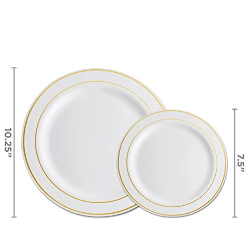 100 Piece Plastic Party Plates White Gold Rim, 50 Premium Heavy Duty 10.25 Inch Dinner Plates And 50 Disposable 7.5 Inch Dessert Appetizer Elegant Fancy Heavy Duty Wedding Plates #TOP2