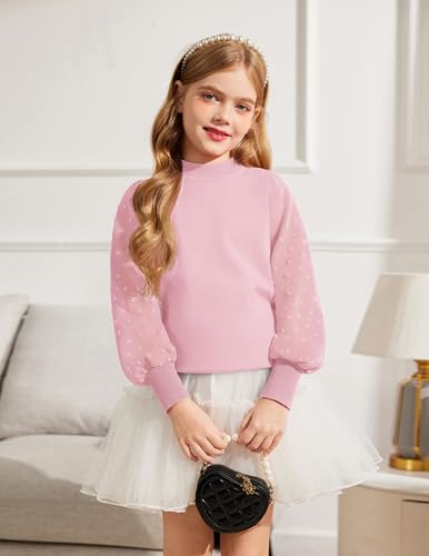 Image of Arshiner Girls Puff Long Sleeve Sweaters Crewneck Lace Polka Dot Casual Knit Tops Pullover Jumper Outwear for Kids