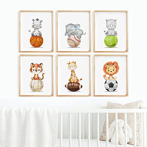 Image of Baby Boy Wall Art Nursery Sports Decor Safari Animal Canvas Wall Art Woodland Baby Boy Room Poster Prints Nursery Artwork Pictures for Bedroom 8x10 set of 6 Inch UNFRAMED