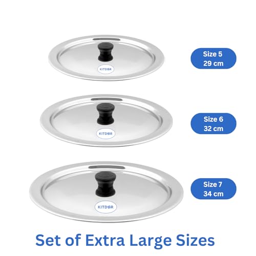 Image of Glossy Steel Lids for Utensils with Knobs | Melt-Free with a Good Gripsteel Lid for Kadai and Other Utensils | Round, Rust Resistant Steel (3 Pcs Set, Extra-Large)