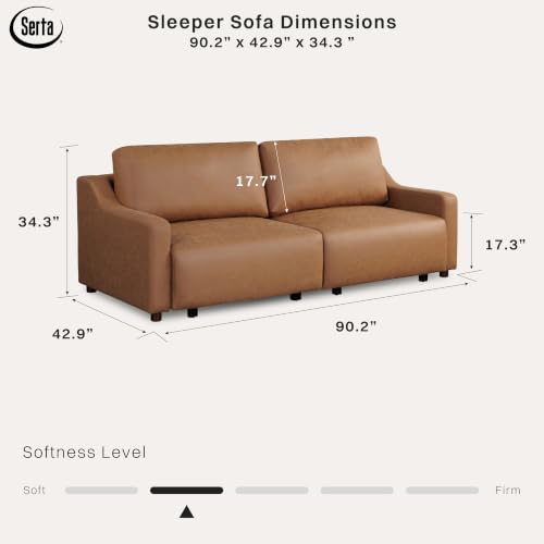 Image of Serta Glendale 90.2 inch Queen Size Wall-Hugging Convertible Sofa, Dreamcoil Comfort, Vegan Suede Fabric, Brown