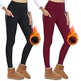 AMIYOYO Lot de 2 Leggings Thermiques pour Femme avec Poches, Doublés, Taille Haute, en Po...