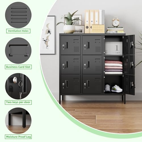 Image of SUPEER Metal Lockers for Employees with 9 Doors,Lockable Metal Locker with Keys and Card Slot,Office Storage Locker for School Gym Home,15.79 inch D x 35.51 inch W x 37.8 inch H,Black,Assembly Required