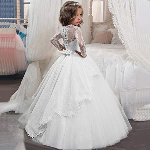 Vintage Flower Girls Dresses with Lace Sleeves Long Pageant Ball Gown White US 63