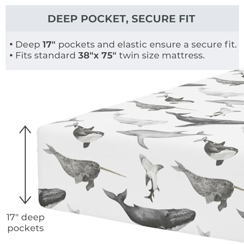 Image of Pobibaby Premium Twin Full Sheets Sets, Kids Double Bed Sheets in Cotton Blend | Ultra-Soft Woodland Camping Print with Fitted Sheet, Flat Sheet & Pillowcases (Twin Seaside Whale)
