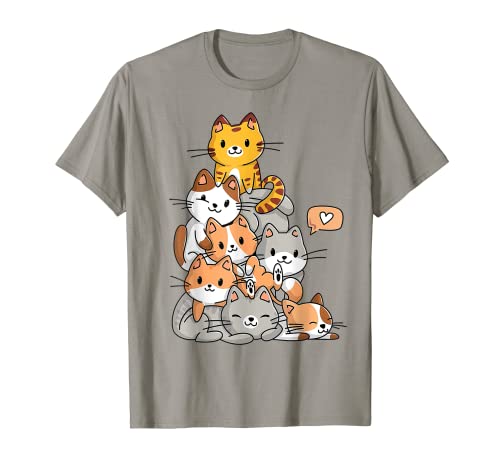 Lindo gato kawaii gatito Meowtain gatos pila Chibi mujeres niñas Camiseta