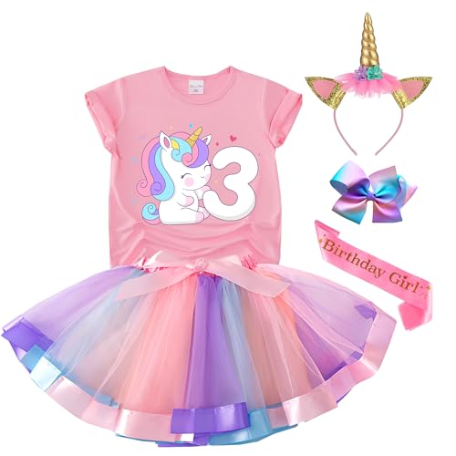 Tutu and Sian Unicorn Birthday Outfit for Girls - Shirt Tutu Skirt Dress Birthday Girl Crown Hair Bow & Satin Sash (Unicorn 3Y 3 Years)