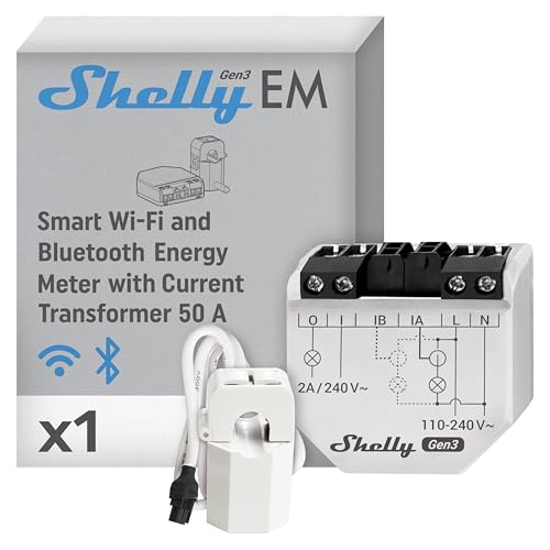 Shelly EM Gen3 - Wi-Fi Smart Energy Meter Single Phase 2 Channel 50A CT Included Up to 2 CTs Solar Ready Contactor Control Consumption Monitoring Alexa & Google Home No Hub Required