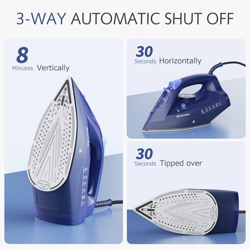 BEAUTURAL 2600W Dampfbügeleisen mit Keramik-Bügelsohle, Starkem Dampf, Tropfstopp und Anti-Kalk, 350ml Wassertank, Selbstreinigung, Abschaltautomatik, 1,9 m Kabel, Blau