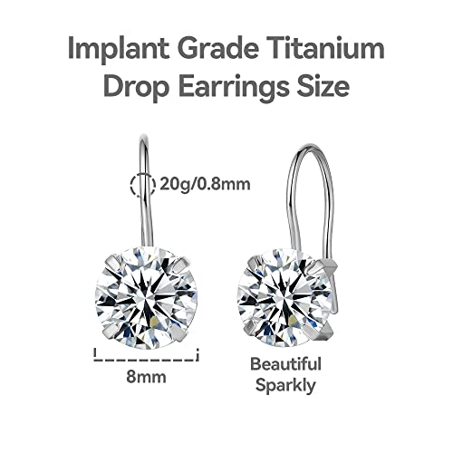 Limerencia Hypoallergenic Pure Titanium Cubic Zirconia Dangle Hoop Earrings,Lightweight Drop Earrings Round Bright Zirconia Size 8Mm (5/16Inch) For Sensitive Ears Women Girls (8Mm, Silver) #TOP4