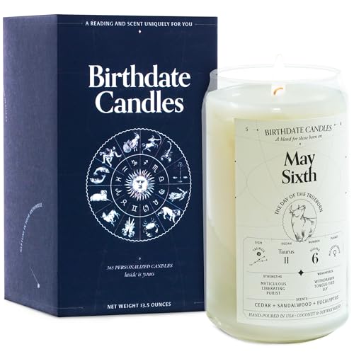 Birthdate Candles, May 6 - Taurus Zodiac Scented Candles Birthday Gift - Cedar, Sandalwood & Eucalyptus Scent - All-Natural Soy & Coconut Wax, 60-80 Hour Burn Time - Made in USA