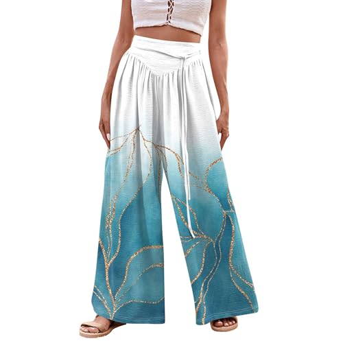 Generic Women Casual High Waist Wide Leg Pants Fall Floral Long Lounge Beach Trousers Drawstring Flowy Baggy Palazzo