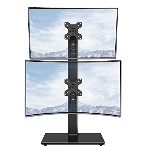 MOUNTUP Vertical Dual Monitor Stand, Stack Two Screens up to 32 inches,33 Lbs, Free-Standing Monitor Desk Mount, Monitor Riser with Swivel, Tilt, Height Adjustable, VESA Stand 100 x 100mm, 75 x 75mm