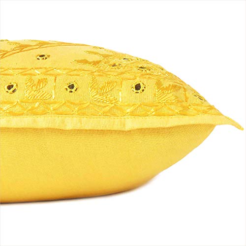 Eyes Of India Embroidered Decorative Boho Throw Pillow Cover With Mirrors, Handmade Bohemian Accent Cushion Case For Sofa Couch Bedroom Living Room, 24X24 Inch (60X60 Cm), Yellow #TOP4