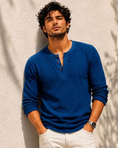 Image of AUSK Men's Waffle Knit Henley T-Shirt | Cotton Blend Full Sleeve Textured Casual T Shirt | Regular Fit Button Placket Round Neck Tshirt for Men