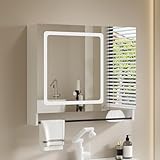ChooChoo Bathroom Medicine Cabinet with Mirror, Modern Mirror Cabinet with LED Lights, Bathroom Wall Cabinet with Adjustable Shleves, Towel Bar, White