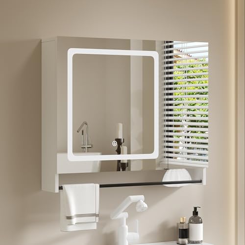 ChooChoo Botiquín de baño con espejo, moderno espejo con luces LED, armario de pared para baño con fundas ajustables, toallero, color blanco