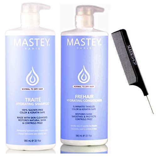 Mastey Paris TRAITE SHAMPOO & FREHAIR CONDITIONER, Sulfate-Free Cleanser & Detangler Duo Set, NORMAL TO DRY HAIR (w/Sleek Comb) (32 oz / 960 ml - LARGE LITER DUO KIT)