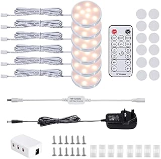 LABOREDUCER Under Cabinet Lighting - Dimmable Cupboard Lights with Remote Control & 6 Pack Puck Lights Display Kitchen Cabinet LightingClosetCounterBookshelfWardrobe (2700K Warm White)