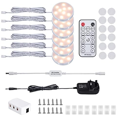 LABOREDUCER Under Cabinet Lighting - Dimmable Cupboard Lights with Remote Control & 6 Pack Puck Lights Display Kitchen Cabinet LightingClosetCounterBookshelfWardrobe (2700K Warm White) Cover