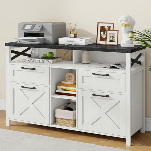 Halitaa Farmhouse File Cabinets 4 Drawer with Adjustable Shelf, Filing Organization Storage Cabinets with Open Storage Shelf for Home Office,Lateral Filing Cabinet for Hanging Files Letter/A4.Black