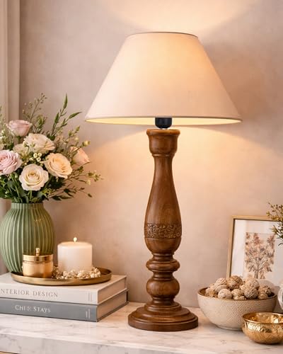 Image of Homesake Handcrafted Wooden Table Lamp for Bedroom & Living Room | Decorative Bedside Reading Lamp with Fabric Shade, E27 Holder | Bulb Included | Black Floral Carved Base for Home Decor, White Cone