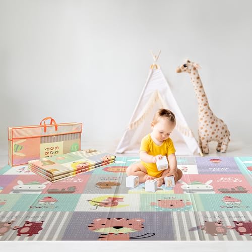 Wiltology playmat, Foldable Baby Play Mat, Extra Large, Non-Toxic, Waterproof Activity Playmats for Babies, Education for Infant, Non-Slip Double Sided (79” x 71”and 0,4in Grey)