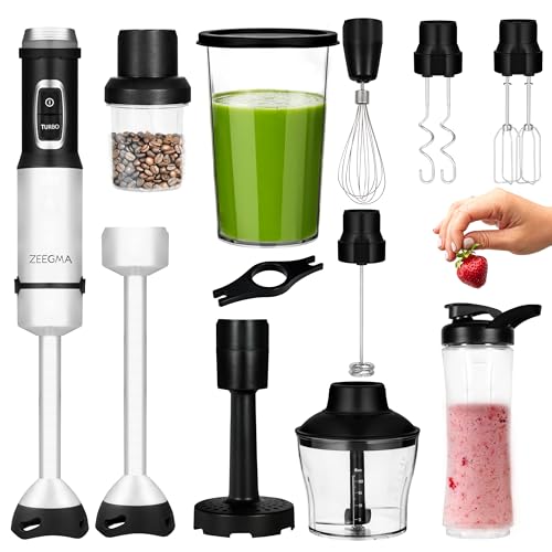 ZEEGMA HANDY NUTTIG Batidora de Mano Multifunción 11 en 1 Potencia 1500 W Kit de Accesorios: Batidos Puré Picadora Molinillo Bidón Varilla Ganchos para Masa Espumador de Leche, Batidora