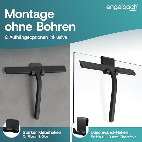 Engelbach® Duschabzieher schwarz - streifenfreies Abziehen ohne Quietschen – ergonomischer Abzieher Dusche mit rutschfestem Griff - Fensterabzieher, Inkl. 2 Halterungen, 28cm