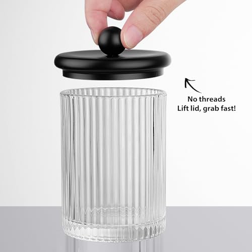 3Pack Glass Qtip Holder Dispenser Set - Bathroom Canister Storage Organizer for Cotton Balls, Swabs, Floss Picks, and Makeup Sponges with Matte Black Metal Lid - Clear Vanity Apothecary Jars - Image 8