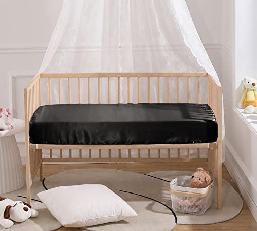 Image of SiinvdaBZX 2 Pcs Satin Mini Crib Sheets 38 x 24In, Light Grey & Black | Silk-Like Soft Mini Portable Crib Sheets Mattress Cover Portable Playard Sheets with 5In Deep Pocket, Great for Baby Hair