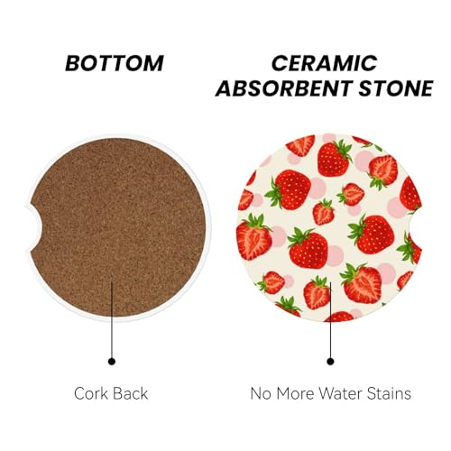 Image of Strawberry Car Coasters for Cup Holder - Absorbent Ceramic 2 Pack With Anti-Slip Cork Base and Finger Notch - Interior Accessories for Women Men 2.56 inch