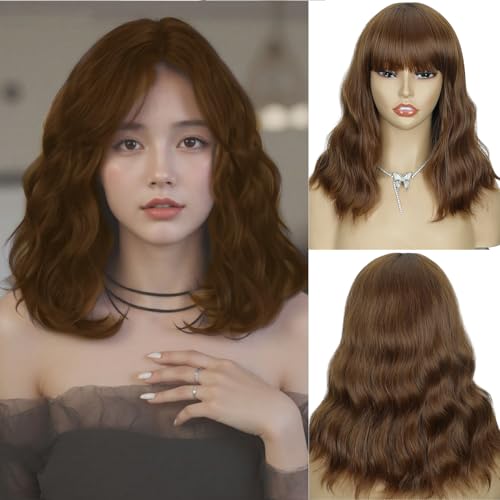 Image of Creamily Short Bob Wavy Hair Wig for Woman Full Head Natural 14 Inches Loose Curly Chestnut Brown Shoulder Length Synthetic Wigs with Bangs