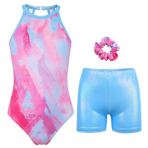 Gymnastics Leotards for Girls With Shorts Sparkly Ballet Dance Clasp Back Activewear Powderblue Tie-dye Set 12-13 Years