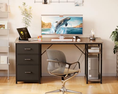 Image of AODK 51 Inch Computer Desk with Drawers & USB Power Outlets - Reversible Home Office Desk with Storage Shelves, Work from Home, Modern Work /Writing /Study Table for Bedroom, Grey Oak