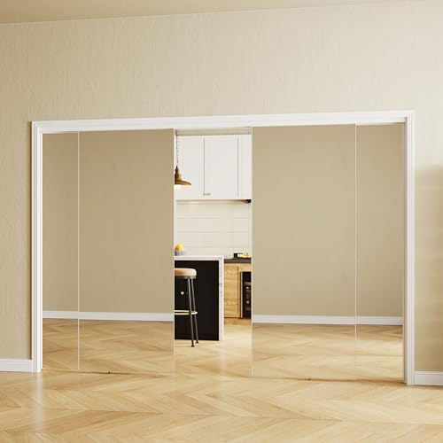 SOLRIG Sliding Mirror Closet Doors, 96"(Double 48") x 80" Aluminum Alloy Sliding Mirror Closer Door with Hardware Kit & Floor Guide, Finished Mirror Door 4 Panels for Bedroom, Closet, Laundry Silver