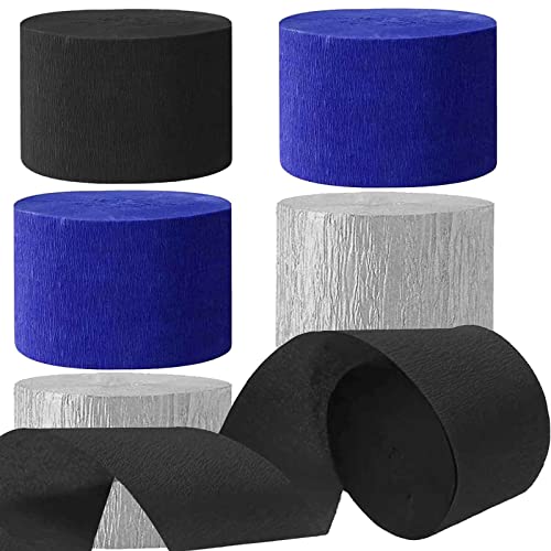 Image of We Moment Black and Blue Silvery Crepe Paper Streamers Party Streamer 1.8 Inch Widening 6 Rolls,Black Blue Party Decorations Streamer 82 feet per roll for Birthday Party Decorations