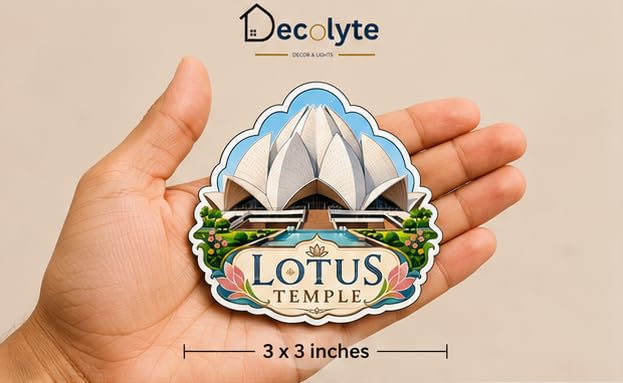 Image of Lotus Temple Theme Wooden Fridge Magnet Souvenir | 3x3 in Kitchen Home Decor Gift