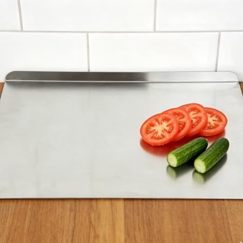 Tabla de cortar de acero inoxidable para cocina, 40x30x2 cm, base antideslizante, superficie multipropósito para verduras, frutas, pan, masa y preparación miniatura 4