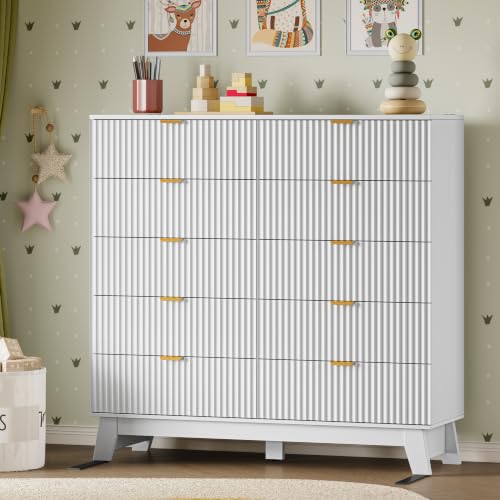 Image of BORNOON 46 inch Tall Dresser for Bedroom, 10-Drawer Fluted Chest of Drawers, Modern Wood Highboy with Metal Slides and Handles, Anti-Tip Kit, Vertical Clothes Storage Organizer for Apartment, Closet