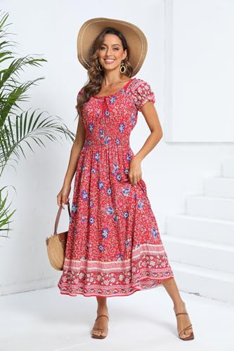 Image of OSTOO Women's Floral Maxi Dress Boho Summer Short Sleeve Smocked Waist Tiered Long Dress