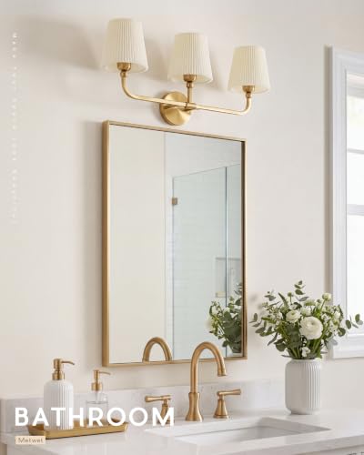 Image of 3-Light Gold Bathroom Vanity Light, Beige Pleated Fabric Shade