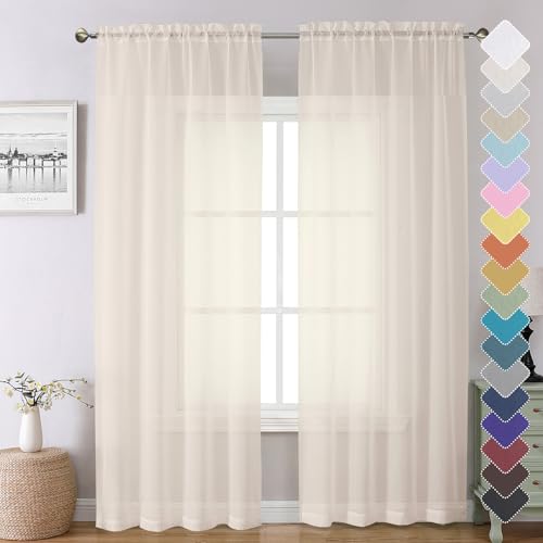Chyhomenyc Conjunto de 2 painéis de cortinas translúcidas, cor creme de 84 polegadas de comprimento, cortinas de filtro de luz para quarto, cortinas de gaze macia e arejada com bolso para cortineiro