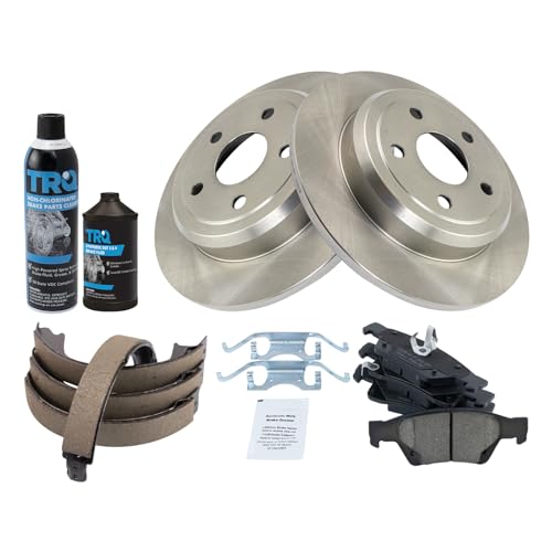 Image of TRQ Rear Brake Pad & Rotor Kit, with Chemical Kit Parking Brake Shoe Set Ceramic Compatible with 2011-2019 Dodge Durango Jeep Grand Cherokee