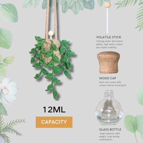 Image of ROFIGL Handmade Crochet Hanging Car Air Freshener,12ml Empty Refillable Oil Diffuser Bottle with Crochet Hanging succulents Plant for Car Rearview Mirror for Home, and Office Hanging Diffuser Decor